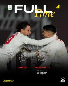 Benevento show ad Arezzo: ripresa da applausi, Siatounis, Okereke e Mignani firmano lo 0-3 e la Strega vola a 14 punti